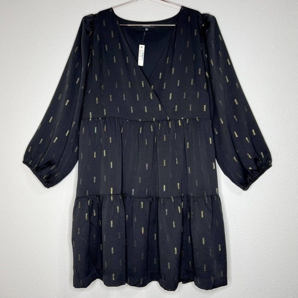 Madewell Black & Gold Metallic Jacquard Faux Wrap Tiered Mini Dress XL NWT - Picture 5 of 16